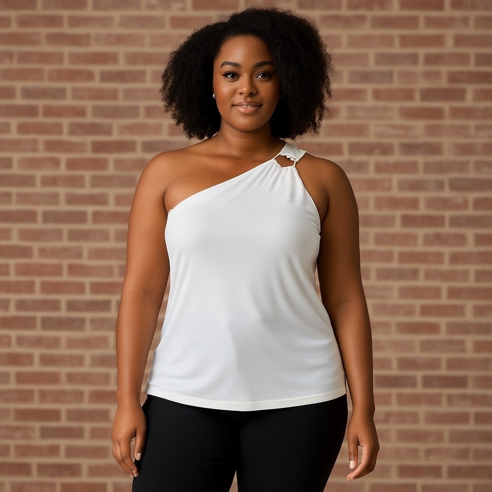 Minimalist One Shoulder Ring Detail Top White Asymmetric Blouse Size‎ M